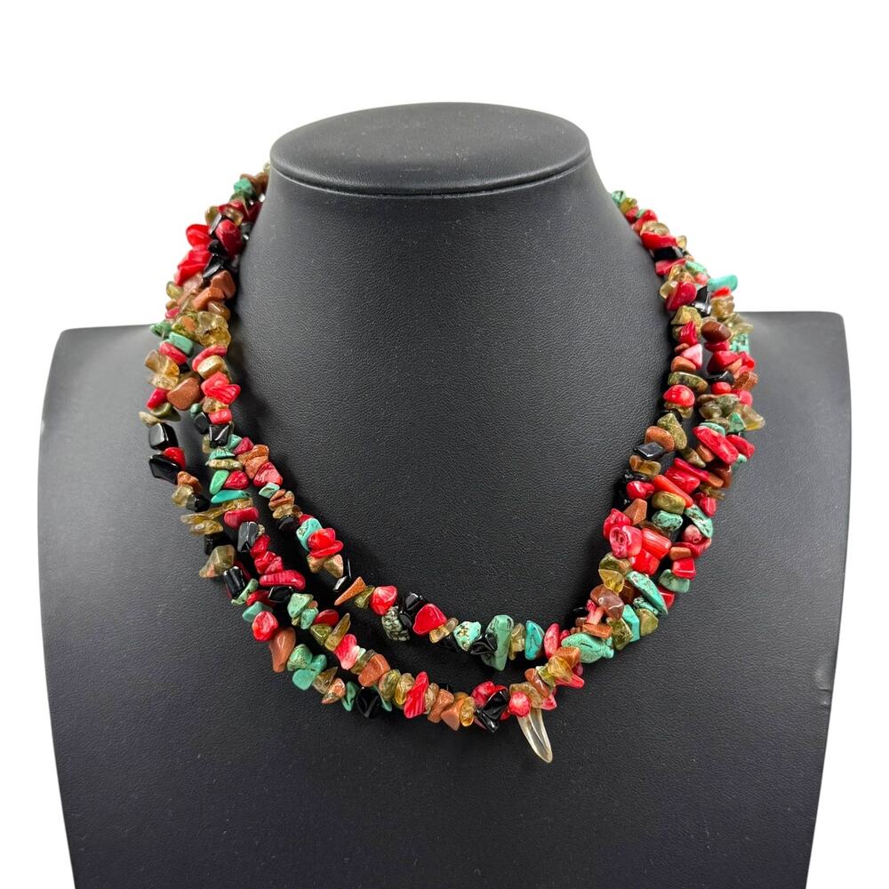 Vtg Y2K Southwestern Multi Strand Gemstone Chip Statement Necklace Earthy Boho